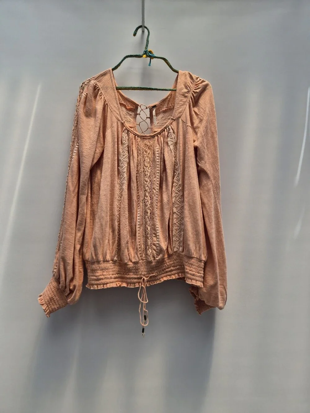 Free People Silverlake Peasant Blouse Large Peach Fairycore 70s Boho Chic Lace